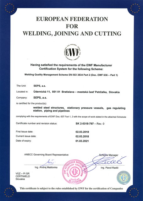 Certifikát kvality vo zváraní STN EN ISO 3834-2